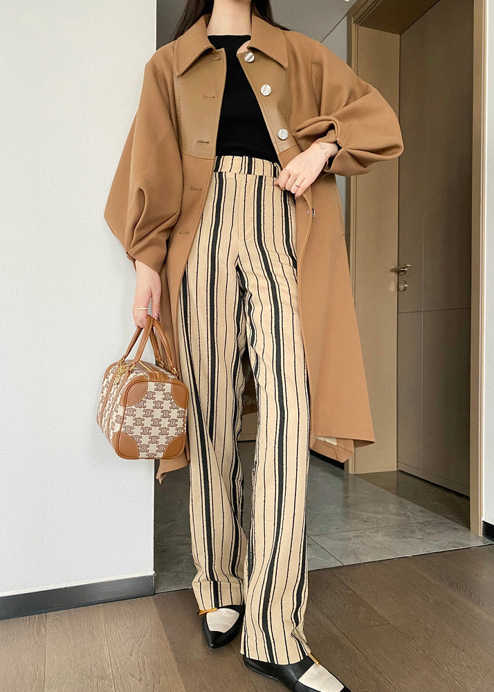 Khaki Button Tie Waist Patchwork Woolen Trench Coats Lantern Sleeve