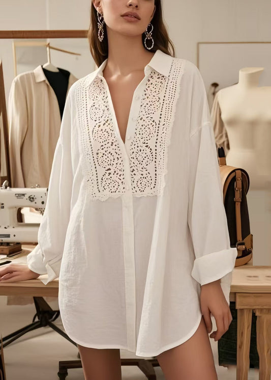 White V Neck Hollow Out Cotton Shirts Spring