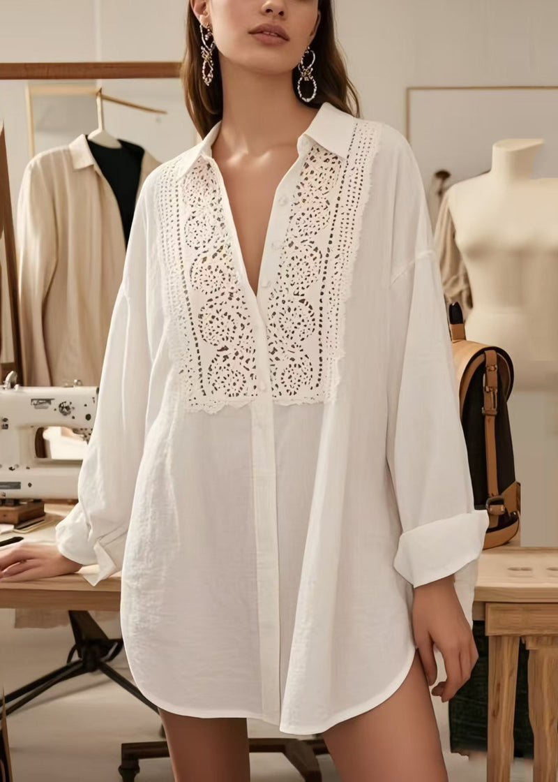 White V Neck Hollow Out Cotton Shirts Spring