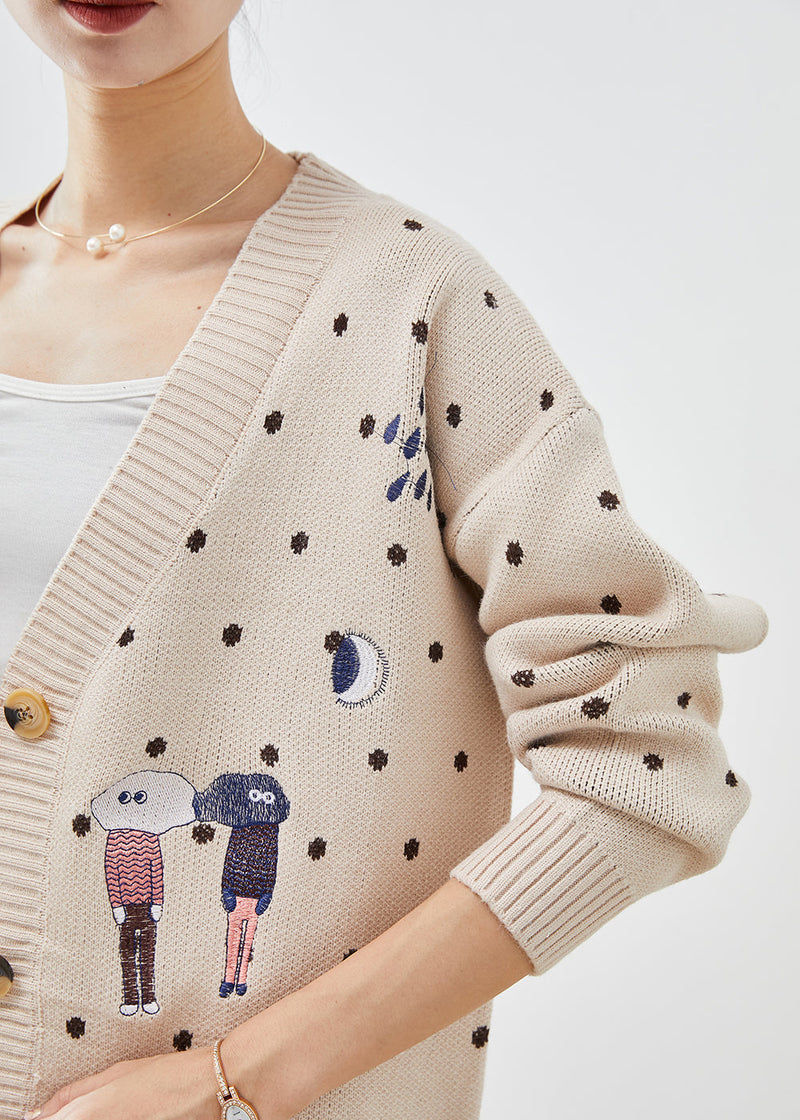 Beige Embroidered Knit Loose Coat Winter