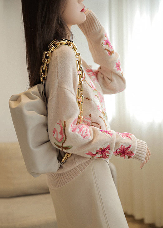 Apricot O-neck Embroideried Patchwork Woolen Top Fall