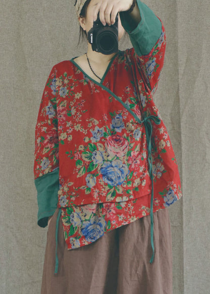 Red Print Lace Up Patchwork Cotton Tops Long Sleeve