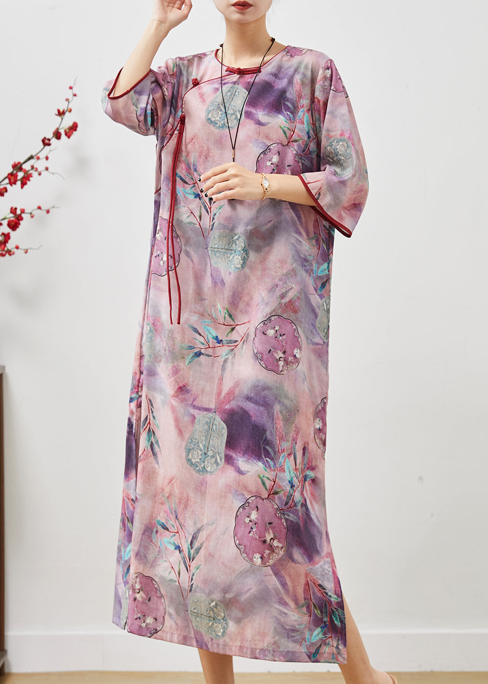 Purple Tasseled Print Cotton Cheongsam Dresses Summer