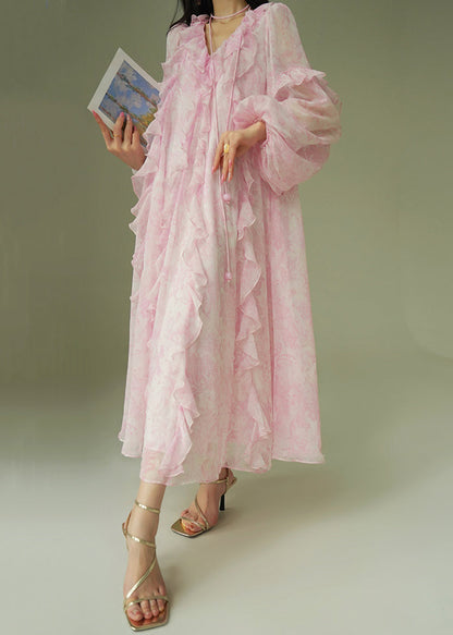 Italian Pink Ruffled Print Lace Up Chiffon Long Dress Fall