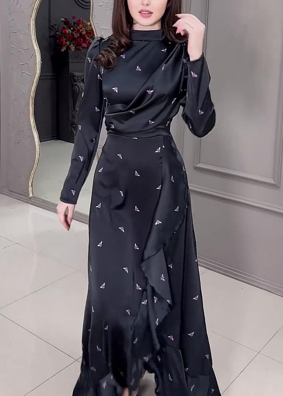 New Black Ruffled Print Silk Long Dress Fall