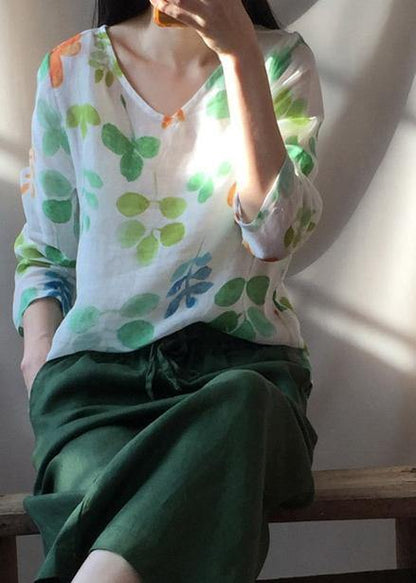 Classy O Neck Blouses for Shape Green Leaf Print Shirts