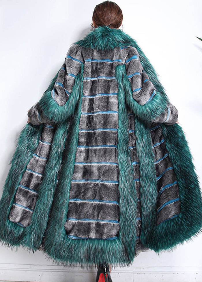Green Fur Collar Patchwork Striped Fuzzy Fur Fluffy Coats Winter