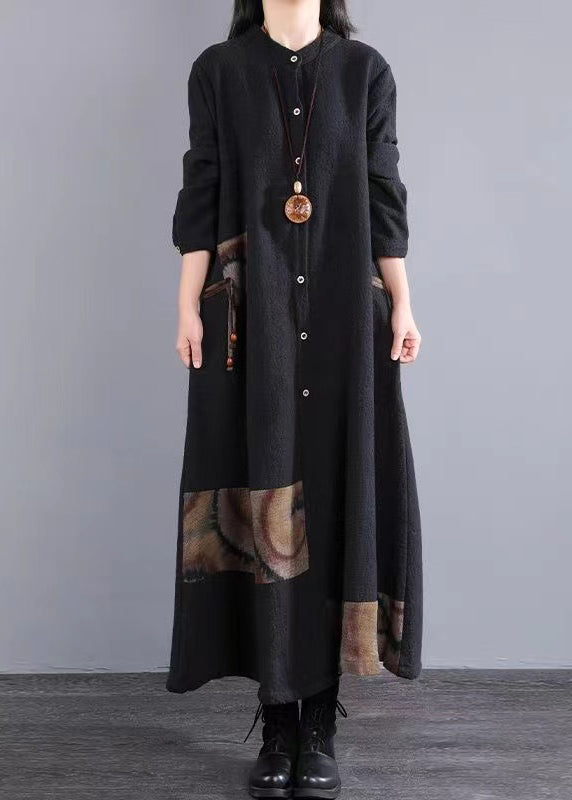 Navy Stand Collar Patchwork Cotton Long Dress Fall