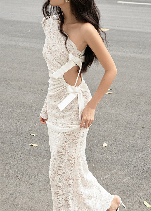 White Asymmetrical Hollow Out Lace Maxi Dress Spring