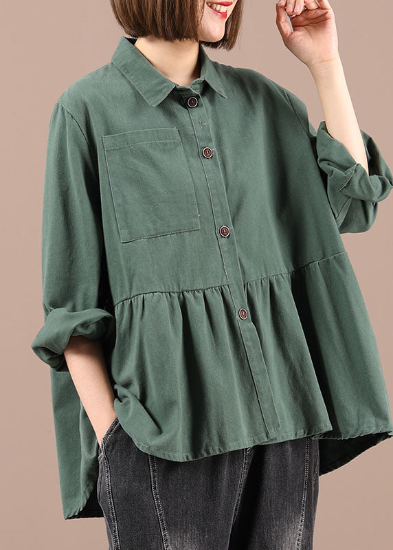 Art Green Peterpan Collar Button Pockets Fall Patchwork Shirts Long Sleeve