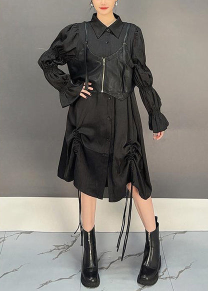 Loose Black Lace Up Waistcoat and Shirts Dresses Cotton Two Pieces Set Butterfly Sleeve