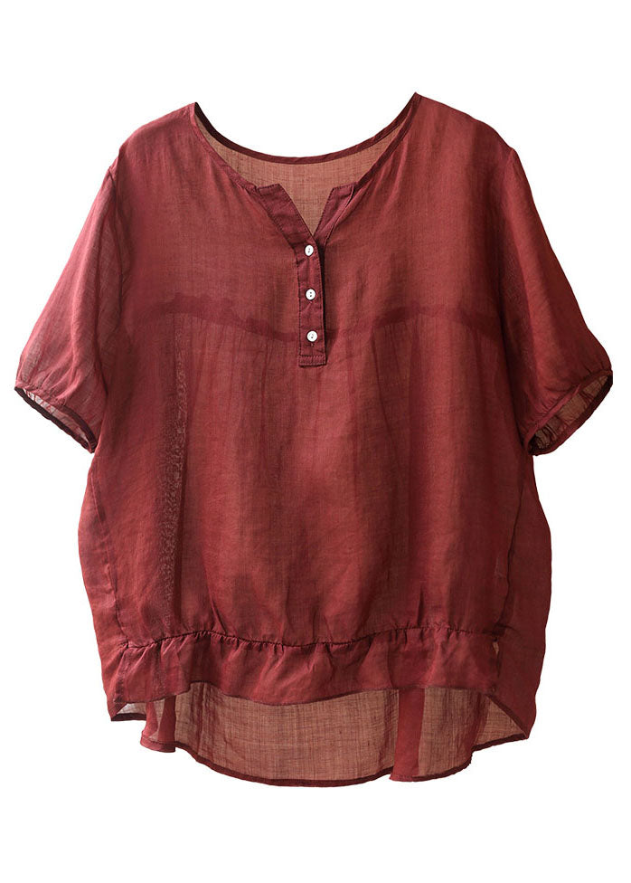 Red V Neck Wrinkled Low High Design Linen Shirts Short Sleeve