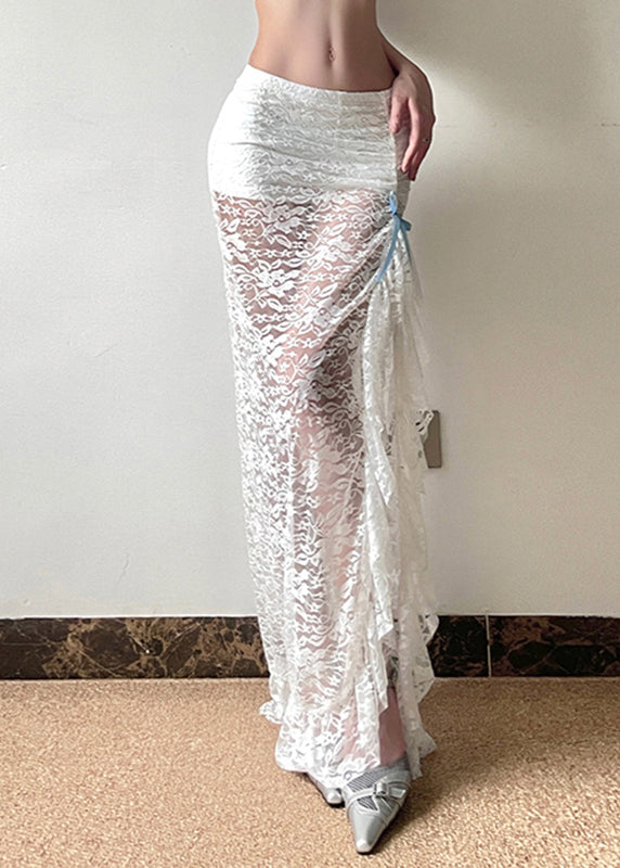 White Side Open Hollow Out Lace Wraped Skirts Spring