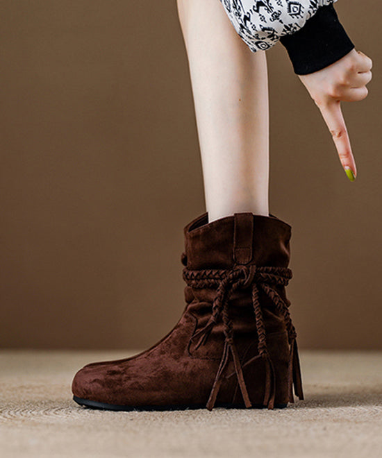 Khaki Tassel Wrinkled Splicing Suede Boots