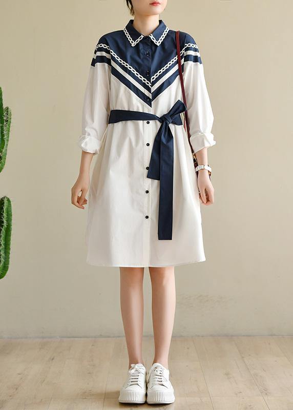 White Patchwork Peter Pan Collar Cotton Long Sleeve Spring Dresses