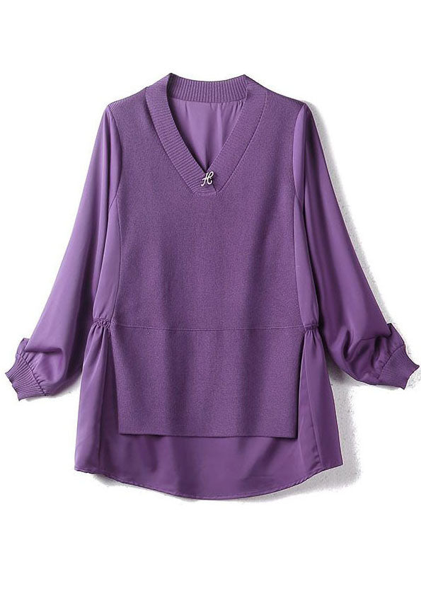 Purple V Neck Patchwork Knit Fake Two Piece Top Long Sleeve