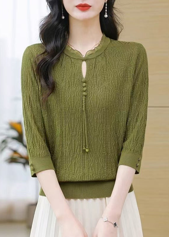 Simple Green O-neck Button Knit T Shirt Bracelet Sleeve Fall