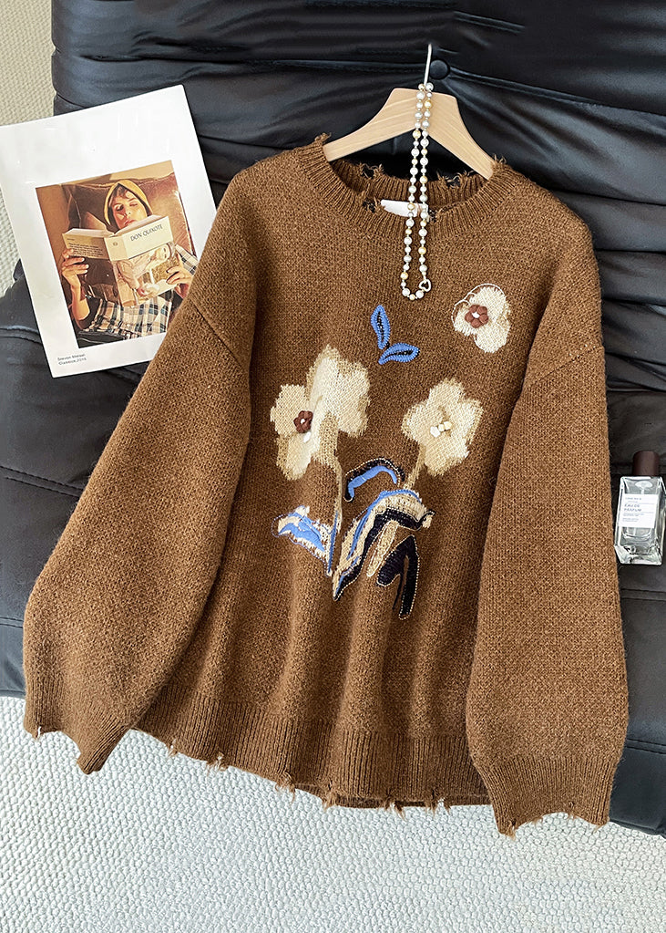 Jacquard Brown Hole Cozy Knit Sweater Spring