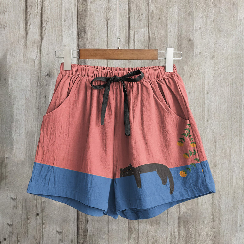 Abstract Creative Lazy Black Cat Painting Art Linen Shorts elevenforest