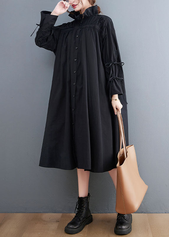 Black Ruffled Button Cotton Blouses Dresses Spring