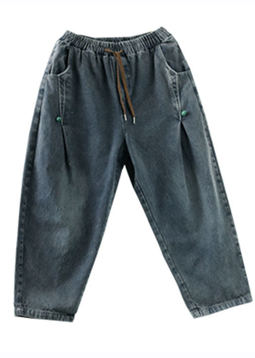 Blue Pockets Patchwork Elastic Waist Cotton Denim Harem Pants Fall