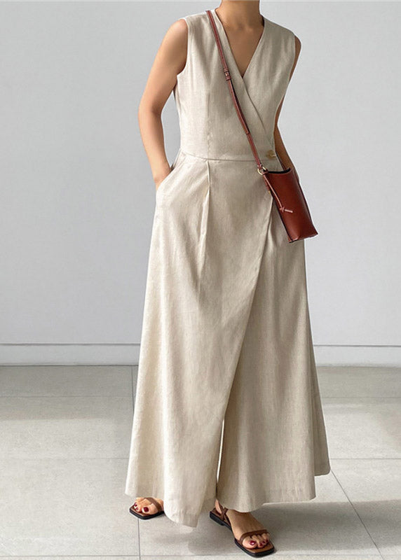 Apricot Polka Dots V Neck Button Pockets Jumpsuit Pants Summer