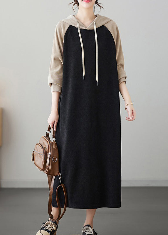 Black Patchwork Cotton Hooded Sweatshirt Dresses Fall