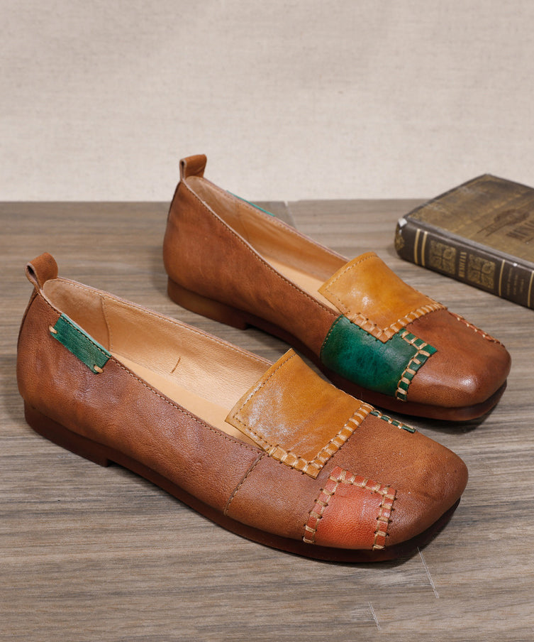 Handmade Green Cowhide Leather Soft Splicing Flat Shoes for