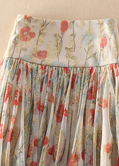 Fitted Zip Up Print Wrinkled Tulle Skirt Spring