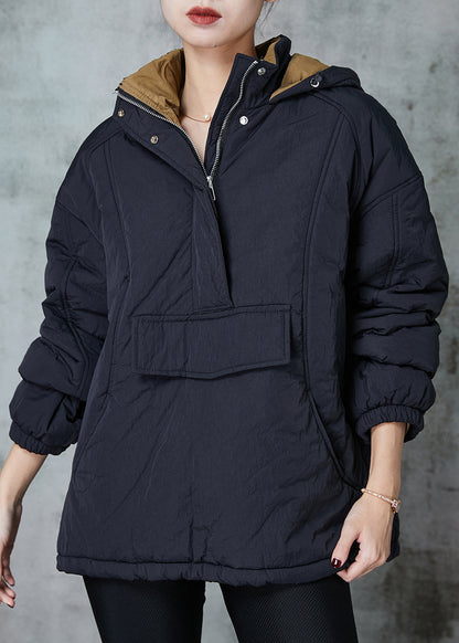 Black Patchwork Fine Cotton Filled Pullover Hooded Spring