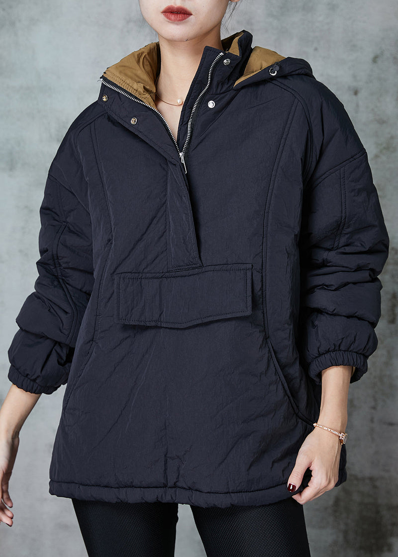 Black Patchwork Fine Cotton Filled Pullover Hooded Spring