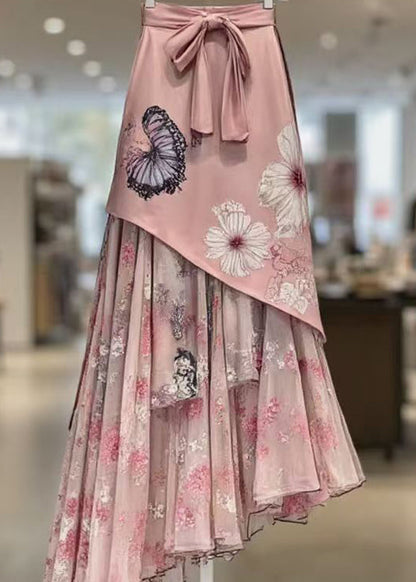 Pink Print Lace Up Patchwork Chiffon Skirts Summer