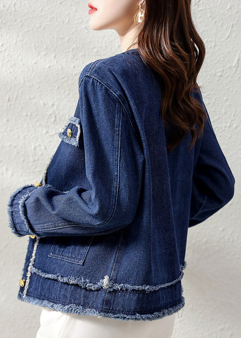 Natural Denim Blue O-neck Patchwork Button Coat Long Sleeve