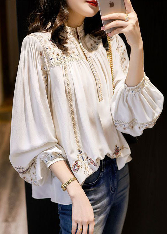 White Embroideried Chiffon Blouse Tops Long Sleeve