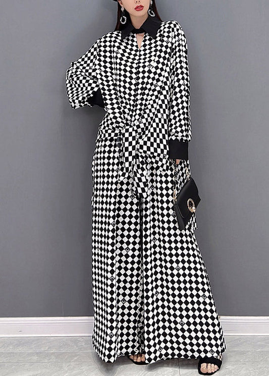 Modern Light Grey Peter Pan Collar Patchwork Chiffon Shirts and Wide Leg Pants Two Piece Suit Set Long Sleeve