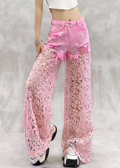 Pink Hollow Out Zircon Lace Patchwork Pants Summer