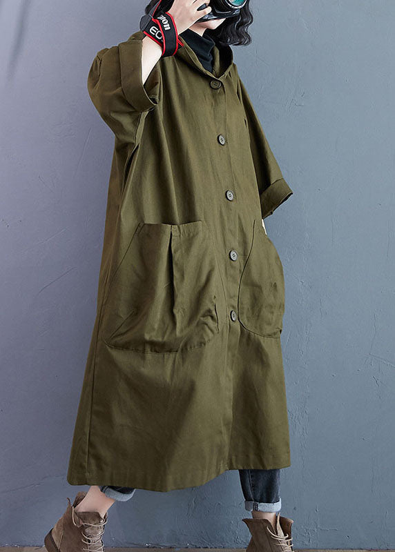 Army Green Pockets Button Fall Hooded Long Sleeve Trench Coats