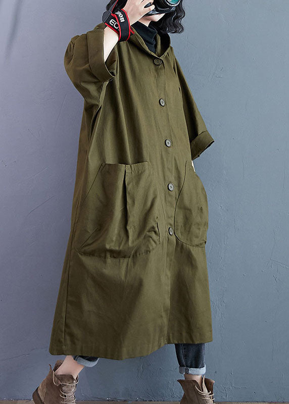 Army Green Pockets Button Fall Hooded Long Sleeve Trench Coats