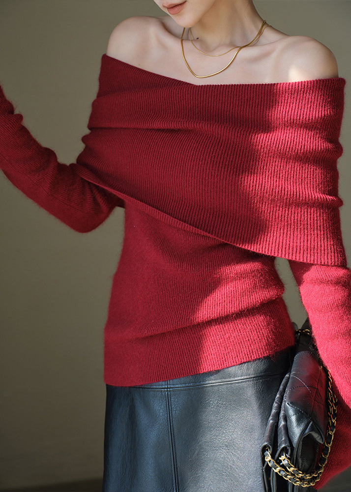 Red Cold Shoulder Wool Knitted Tops Winter