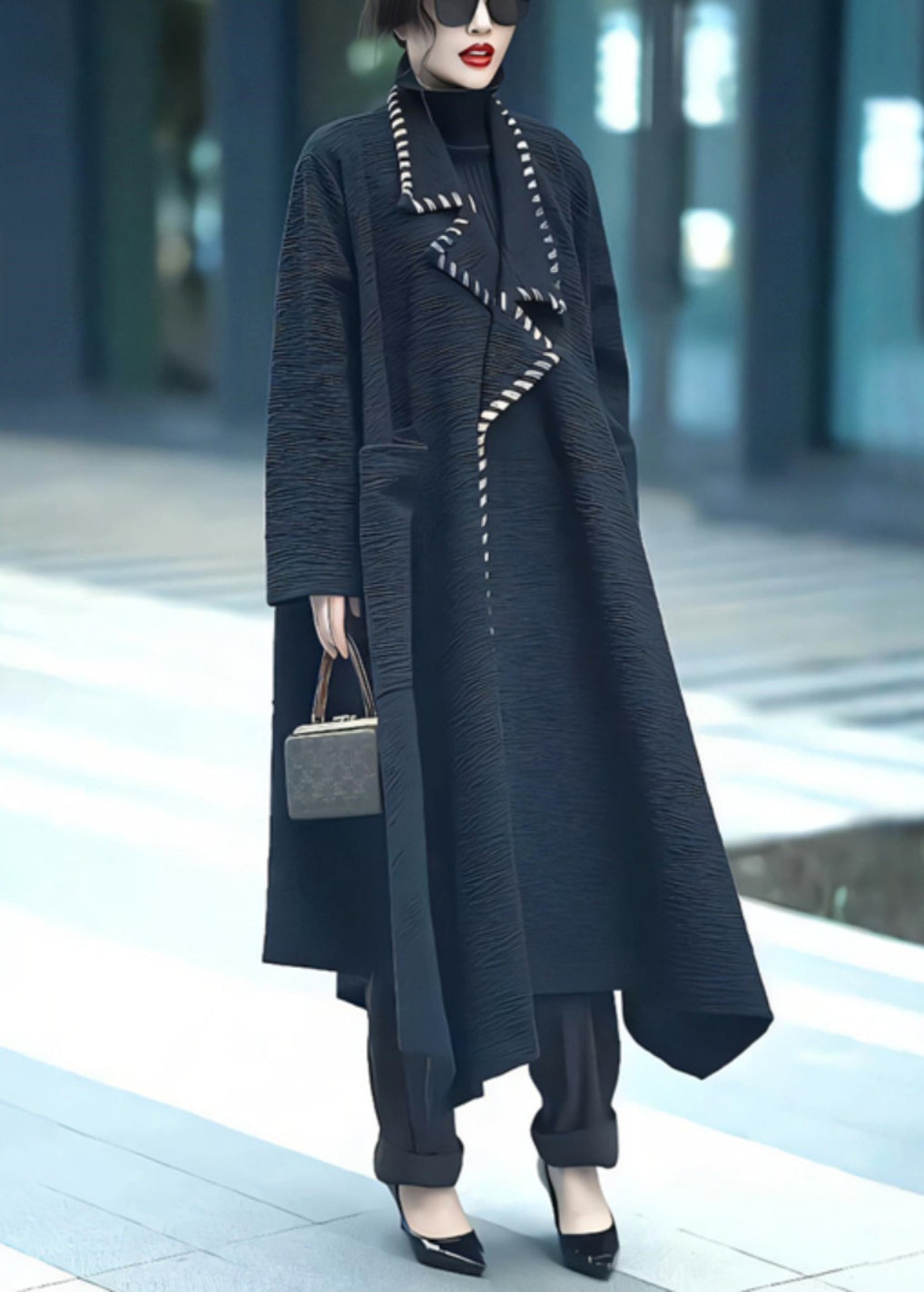 Loose Black Notched Pockets Cotton Coats Winter