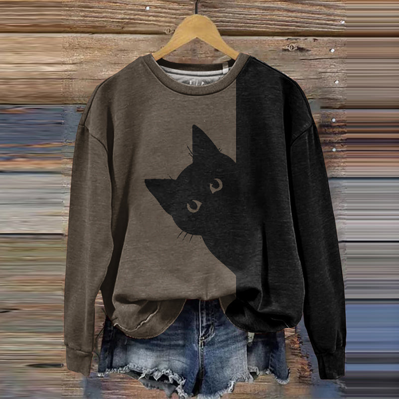 Women's Peek-A-Boo Hiding Black Cat Printed Sweatshirt elevenforest