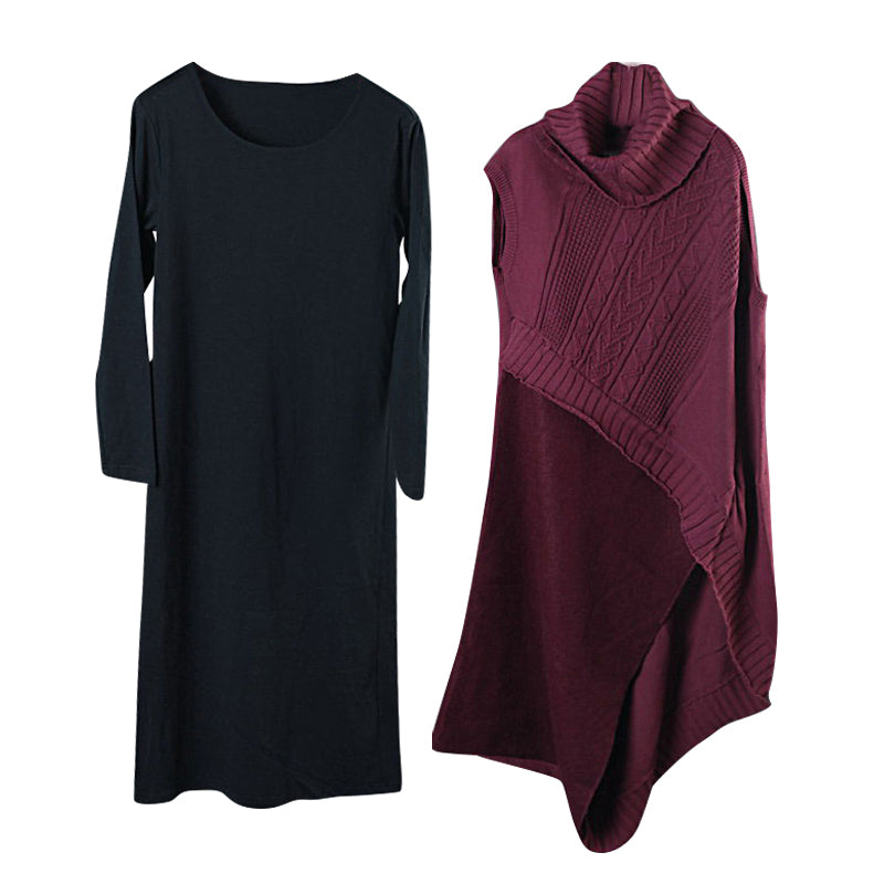Mulberry Turtleneck Patchwork Asymmetrical Design Fall Two Pieces Set