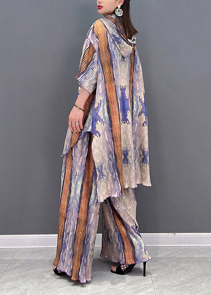 Colorblock Hooded Side Open Print Tops and Wide Leg Pants Two-piece Set Spring