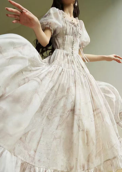 Ruffled Print Lace Up Silk Long Dress Summer
