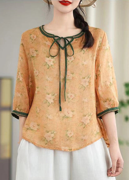 Khaki Print Lace Up Linen Blouses Spring
