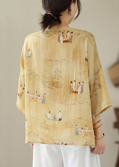 Loose Yellow O Neck Button Print Linen Shirts Batwing Sleeve