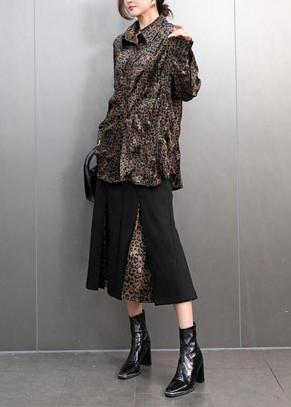 Leopard Peter Pan Collar Button Shirts and Maxi Skirts Two Pieces Set Spring