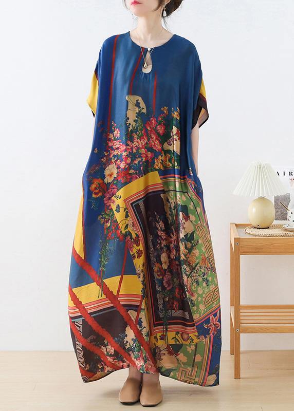 Art Blue Print Loose Asymmetrical Design Vacation Summer Chiffon Dress