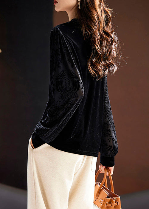 Black V Neck Button Silk Velour Tops Long Sleeve