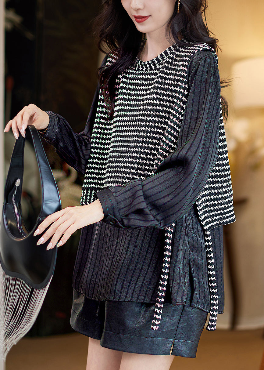 Boutique Black O-neck Fake Two Pieces Top Lantern Sleeve